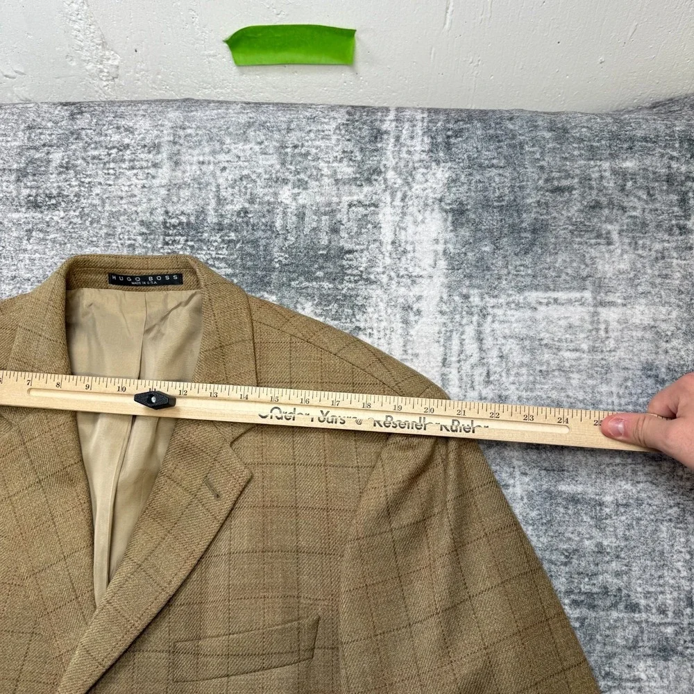VTG Hugo BOSS Blazer Jacket Men 44L Brown Windowpane Cashmere Old Money Academia